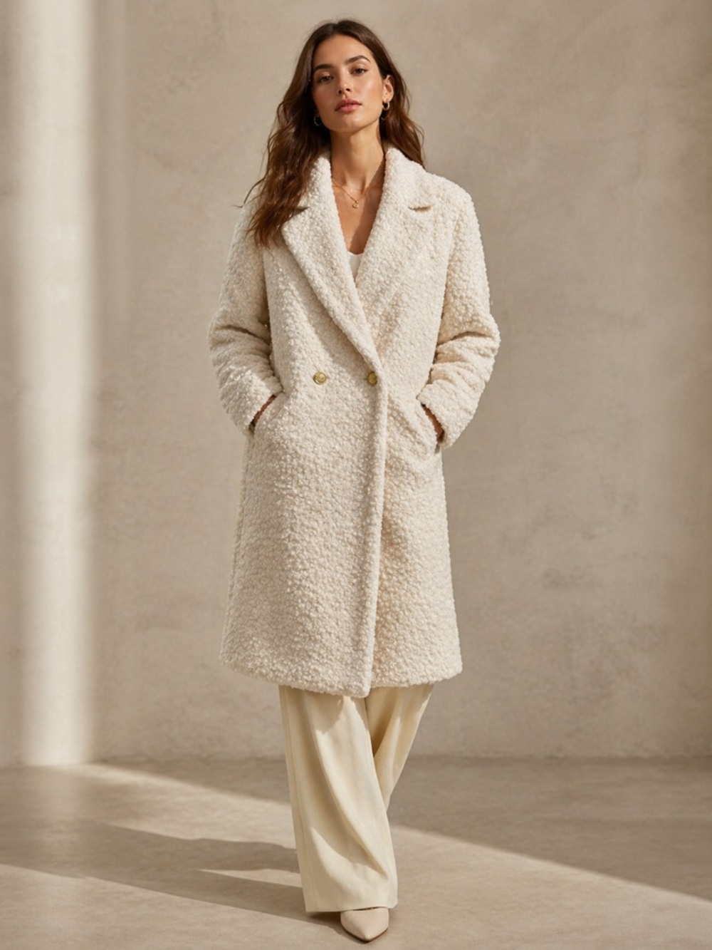 BCBG Max Azria Women’s Cream Lurex Double Breasted Midi Coat Size Small Bouclé